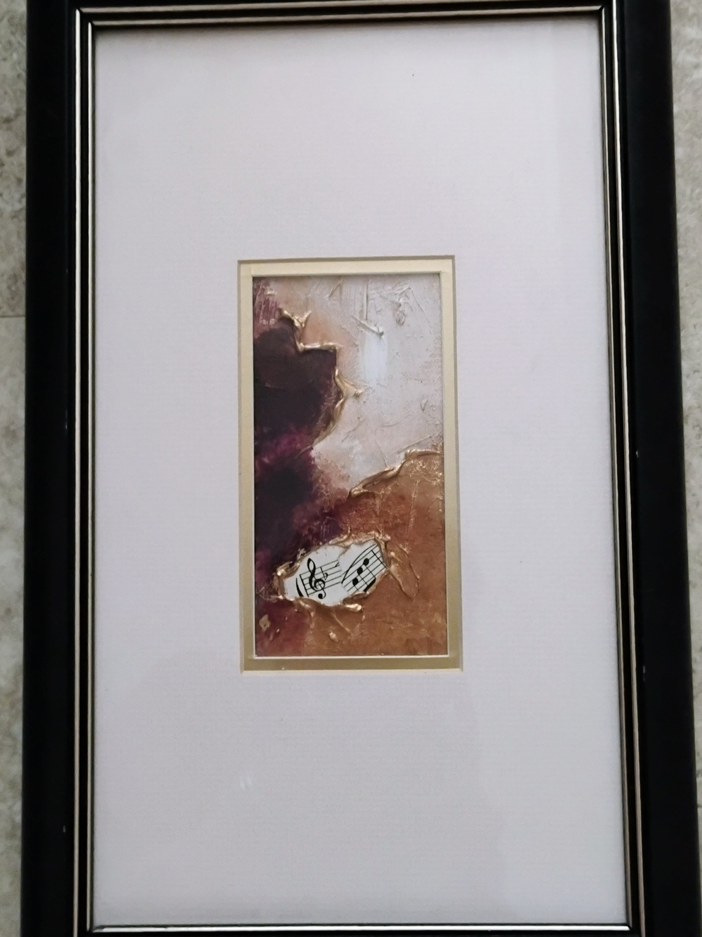 Vtg Original Textured Music Art - 3D Gold Impasto Treble Clef Mixed Media Framed